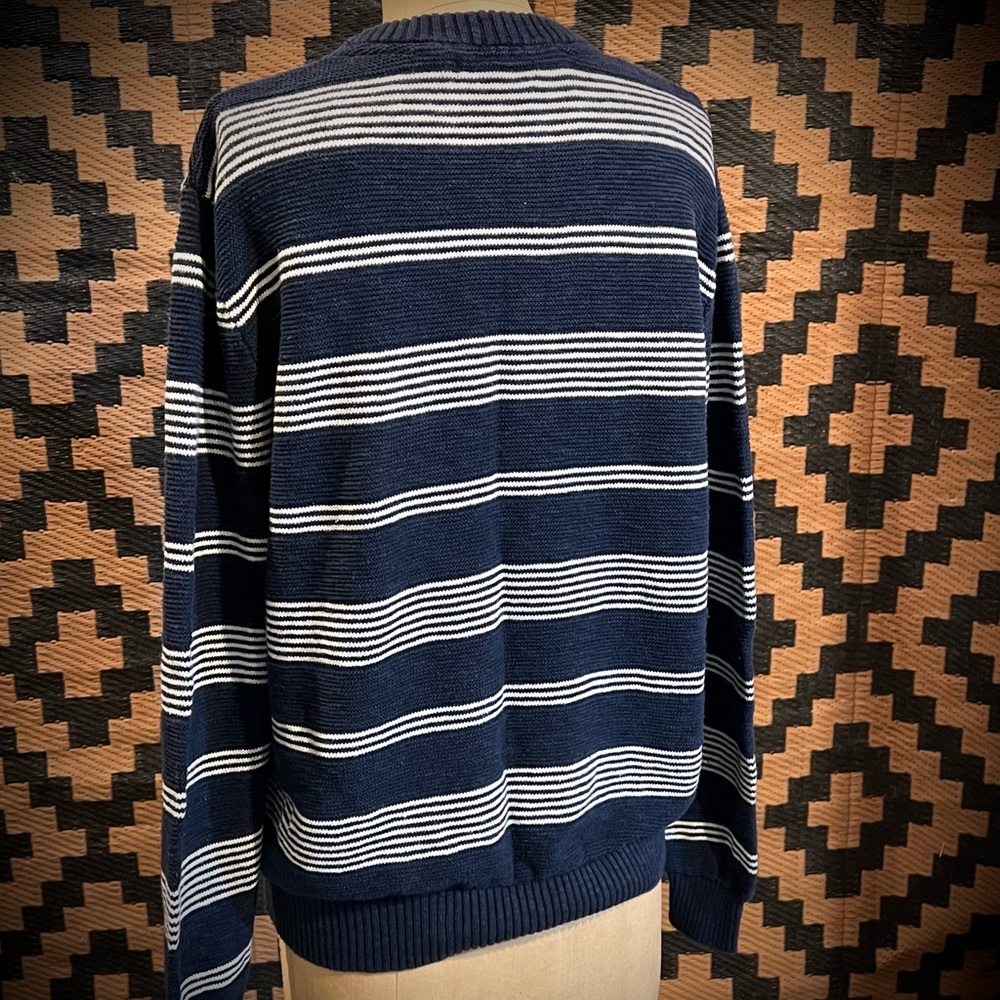 Lands End nautical maritime sweater cotton‎ linen blend navy blue white stripes - Picture 5 of 11
